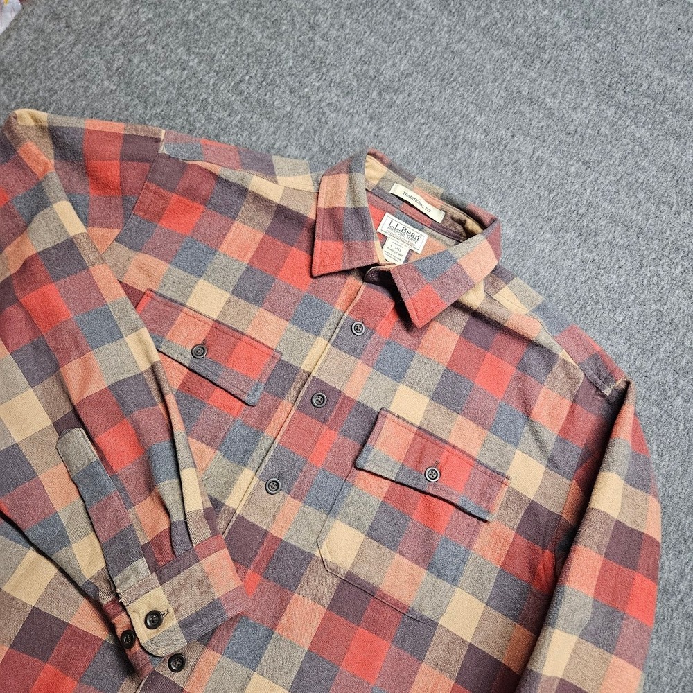 LL Bean Chamois Cloth Shirt Mens L Tall Multicolor Plaid Traditional Fit Flannel